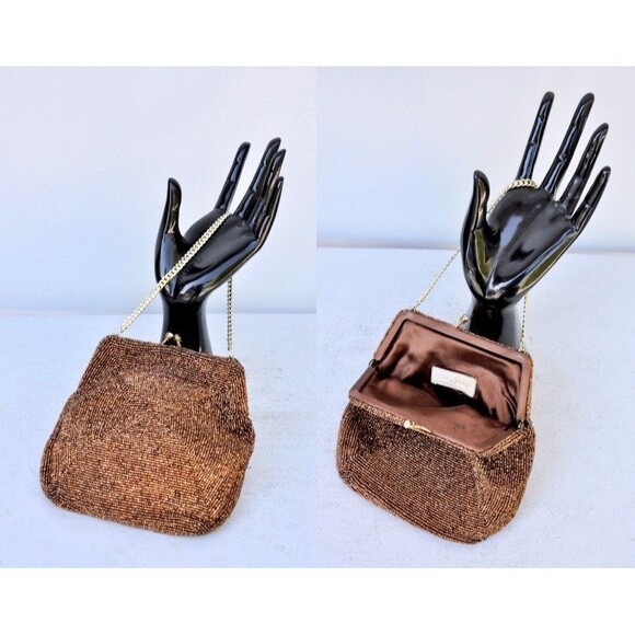 40s 50s BEADED Purse Clutch Small Hand Beaded Bag Mid Century Wedding Cocktail - Picture 1 of 9